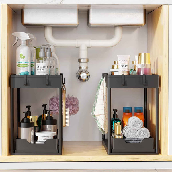 Simple Trending Under Sink Organizer 2 Pack, Sink Pull-Out Sliding Storage Cabinet, 2-Tier Under Shelf Organizer for Kitchen Bathroom, Black