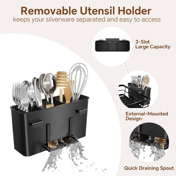 Stainless Steel Dish Rack with Cutlery Holder and Cup Holders for Kitchen Counter