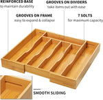 Bamboo kitchen drawer organizer for cutlery and utensils, adjustable and expandable