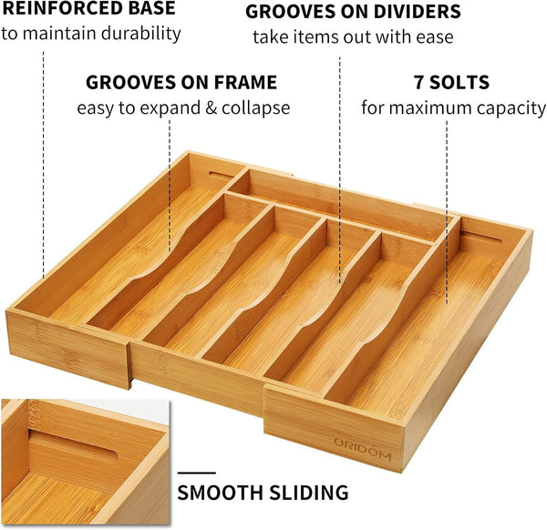 Bamboo kitchen drawer organizer for cutlery and utensils, adjustable and expandable