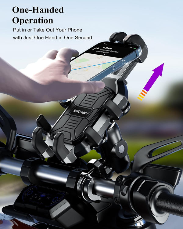 BRCOVAN Motorcycle Phone Mount Holder with Vibration Dampener, Anti-Shake Handlebar Cellphone Cradle for Bike Bicycle Scooter ATV, Adjustable Fit 5.4-6.9'' Smartphone