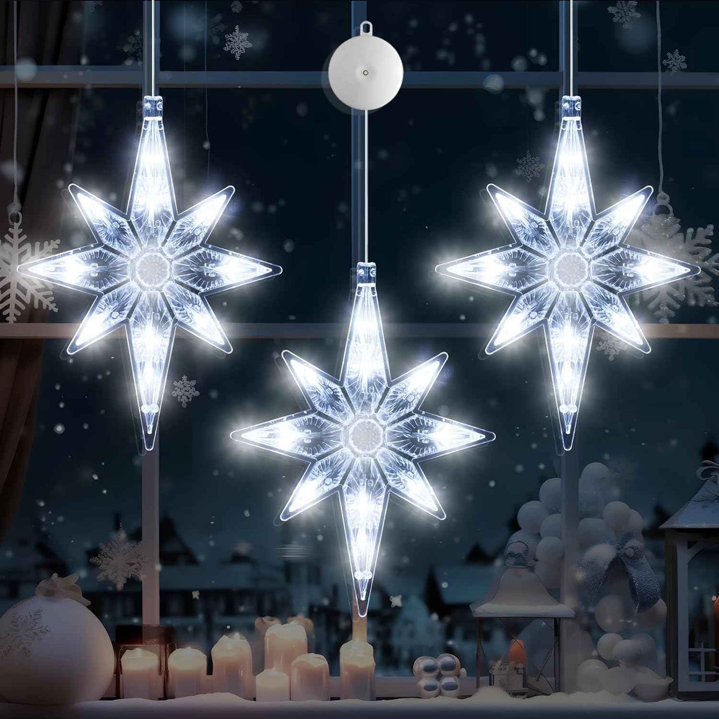 3Pcs Christmas Window Lights Decorations with Timer, Battery Powered Christmas Window Hanging White Lighted Snowflake Shaped LED Sucker String Lamp for Xmas Tree Fireplace Window Indoor Decor