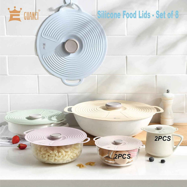 GUANCI Silicone Lids for Bowl 8 Pack, Microwave Splatter Cover with 6 Sizes Reusable Heat Resistant Lids Fits Cups, Bowls, Plates, Pots, Pans, Skillets, Stove Top, Oven, Fridge Dishwasher Safe
