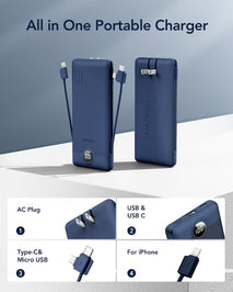 VEGER Portable Charger with Built-in AC Plug and Cables, All in One 10000mAh Ultra Slim Power Bank Emergency Fast Charging for Travel Battery Pack Compatible with iPhone, Samsung, Android, Navy