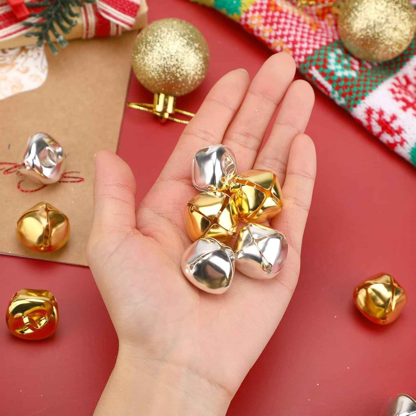 Augshy 100 Pieces Jingle Bells 4/5Inch Craft Bell Bulk for Christmas Home and Pet Decorations Xmas Decor Party Favors Supplies (Gold and Silver)