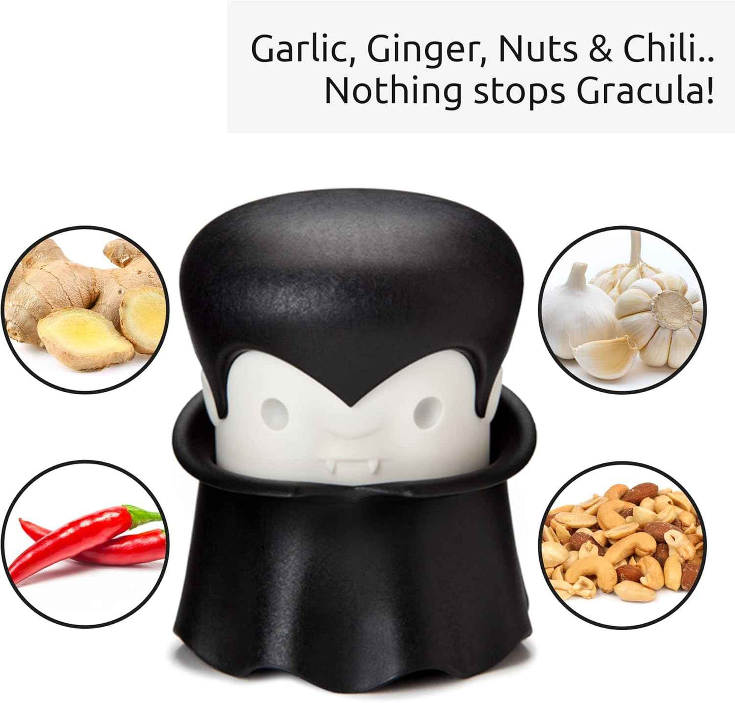 OTOTO Gracula Garlic Crusher, Garlic Mincer, Also for Ginger, Nuts, Chili, Herbs - Twist Top Mincer & Easy Squeeze Manual Press Peeler, Goth Gifts