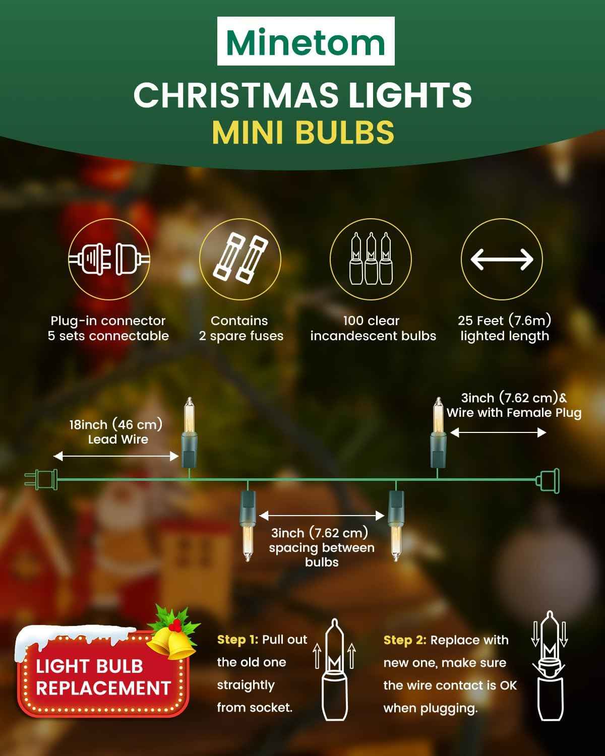 Clear Christmas String Lights, 100 Count Mini Incandescent Bulbs, 25FT Green Wire Indoor Holiday Lights