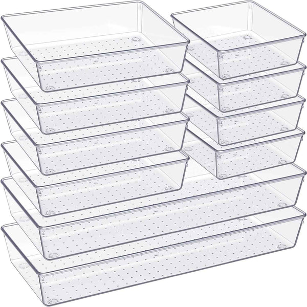 Criusia 10 Pack Large Clear Plastic Drawer Organizer Set 3 Size Versatile Bathroom Vanity Organizer Trays