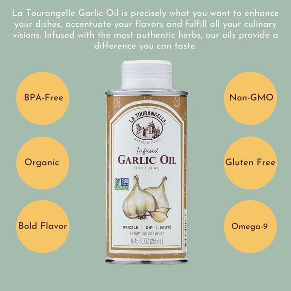 la tourangelle garlic oil high oleic oil for cooking pastas salad dressings and drizzling on popcorn 8.45 fl oz