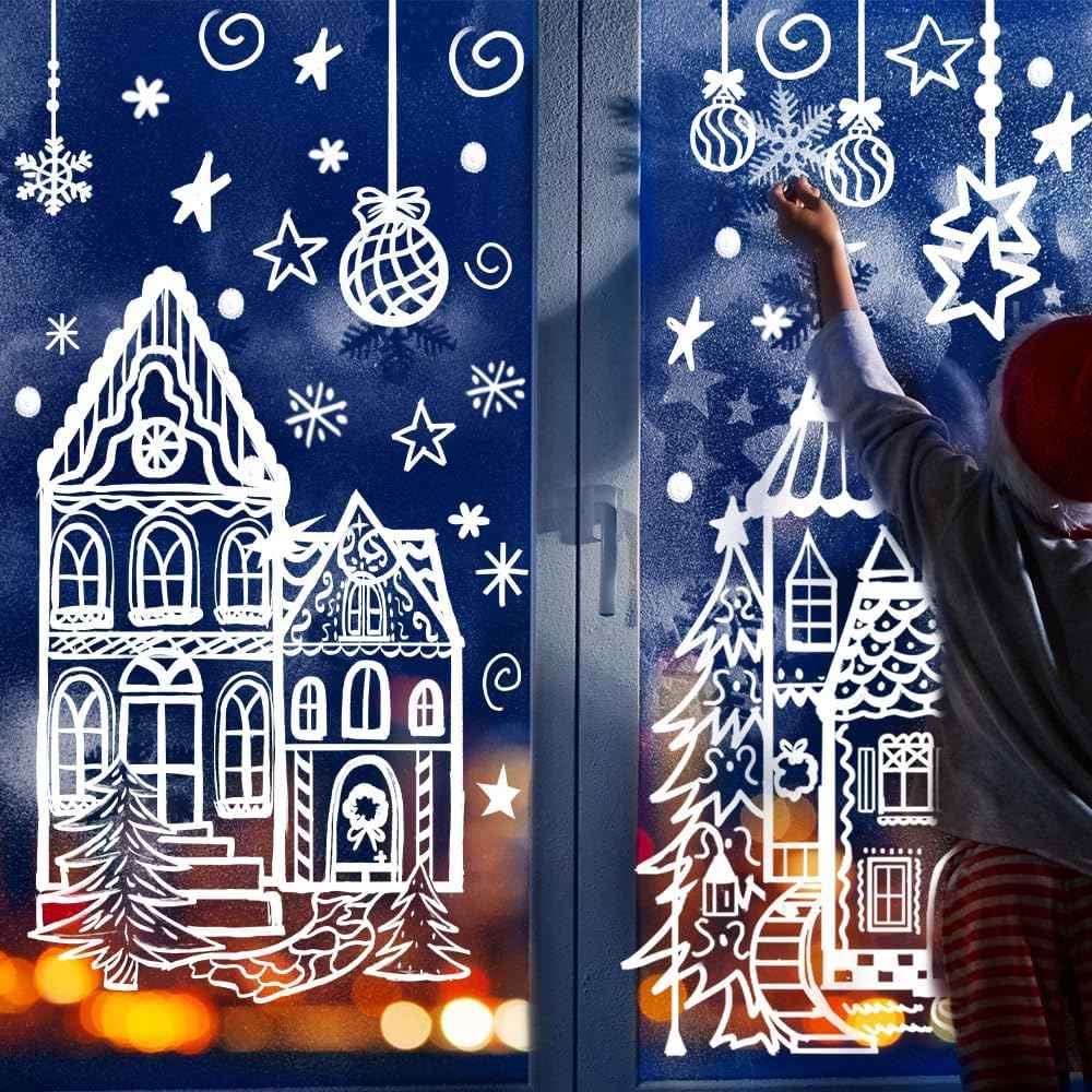 DIYDEC 15.7 * 27.5'' Large Christmas Window Stickers 4 Sheets White House Xmas Window Clings for Glass Decoration Snowman Snowflake Double-Sided Window Decals for Christmas Holiday Party Ornament
