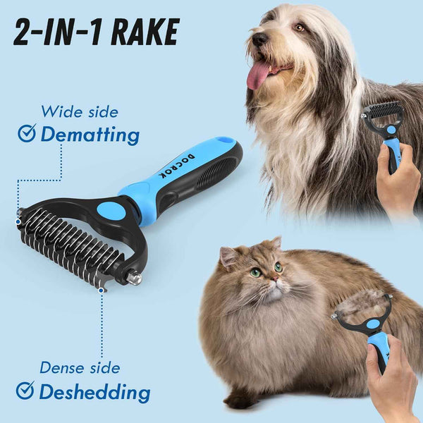 Blue Deshedding Brush and Metal Comb for Long Hair Cats and Dogs by Docrok