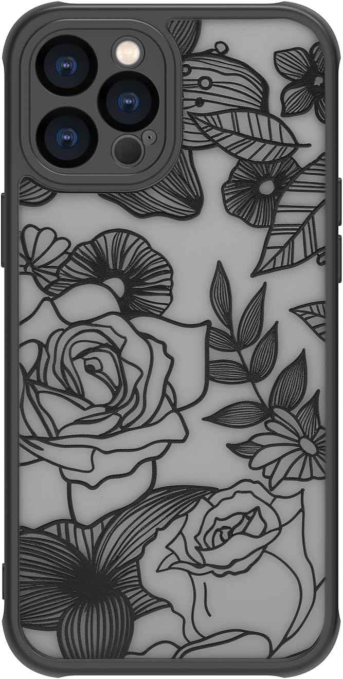 Girly Flower Case Compatible with iPhone 17 Pro Max, Cute Rose Aesthetic Black Line Art Floral Pattern Print, Anti Fingerprint PC Heavy Duty Protection Cases Cover for Girls Women