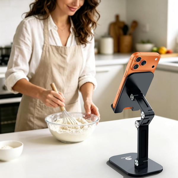 Phone Stand, Cell Phone Stand Holder for Desk Office Accessories Adjustable Height and Angle Foldable iPhone Stand Compatible with 4"-13" Phones iPad Tablet - Black