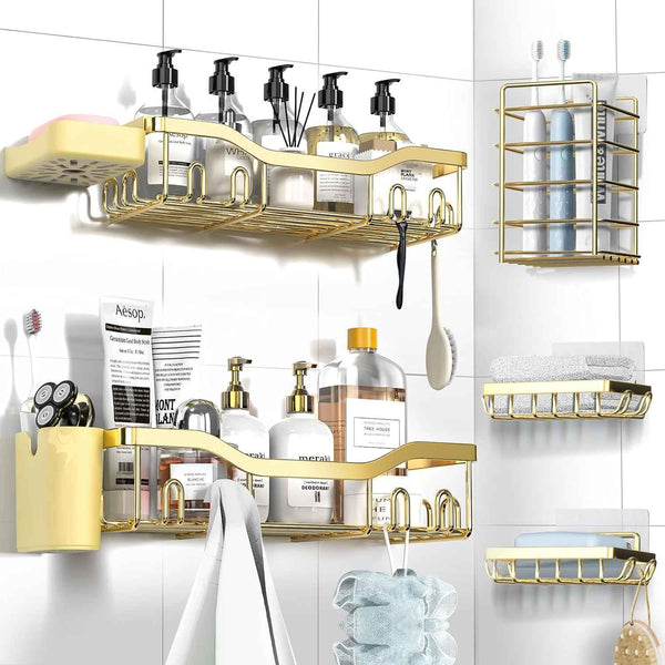 Shower Caddy Adhesive Shower Organizer 7-Pack, Rustproof Stainless Steel Bathroom Shelves, Large Capacity No-Drill Rack Storage Accessories with Soap Dish Toothbrush Holder &24 Hooks Home Decor