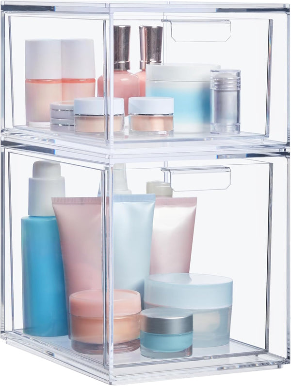 Stackable Clear Plastic Organizer Drawers for Cosmetics and Beauty Supplies