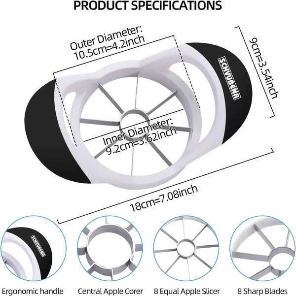 SCHVUBENR 3.5 Inch Apple Slicer - Professional Apple Cutter - Stainless Steel Apple Corer - Super Sharp Apple Slicer and Corer - Apple Tool with 8 Sharp Blades(Black)