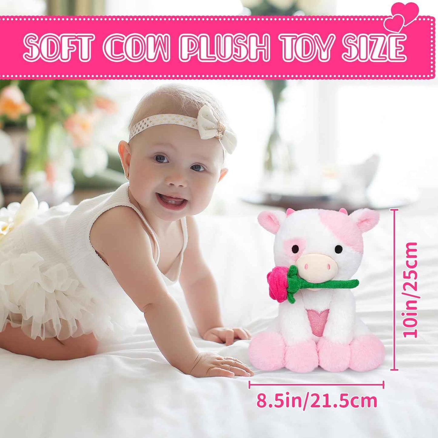 Bekrgwiy Valentines Stuffed Animal,10in Pink Cow Stuffed Animals with Rose,Valentines Day Plush Cow,Pink Cow Plushie Doll Toys,Valentines Day Gifts for Her Girlfriend Kids