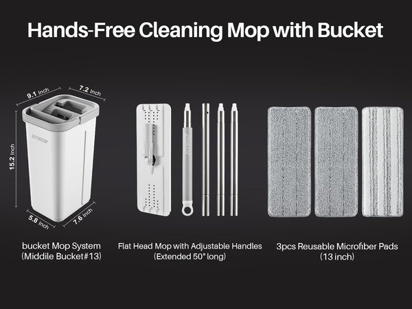JOYMOOP Mop and Bucket Set, Hands-Free Flat Floor Mop with 3 Washable Microfiber Pads, Wet and Dry Use, Ideal for Home and Commercial Floor Cleaning