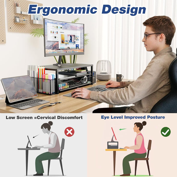 2-Tier Computer Monitor Stand Riser with Drawer and Pen Holders for Office Supplies