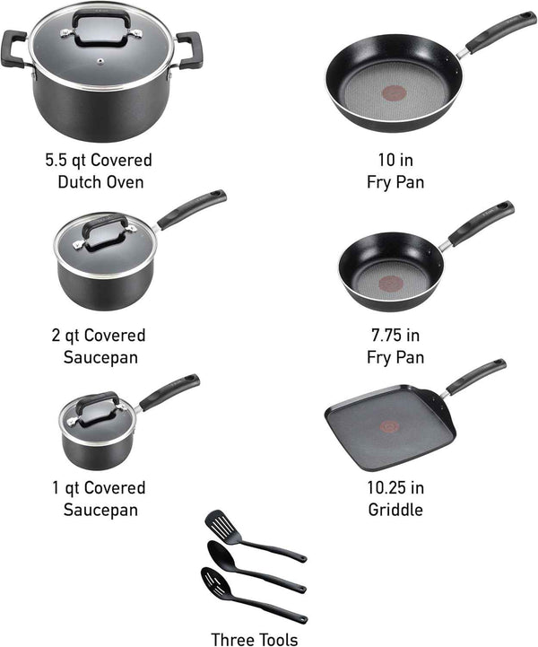 T-fal Signature Nonstick Cookware Set, 12 Piece, Oven Safe, Black, Dishwasher Safe, Kitchen Cooking Set