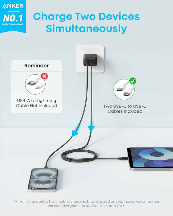 Anker iPhone 17/16 Charger, 2-Pack 20W Fast USB C Charger Block, for iPhone 16/16 Pro Max/15 Series/iPad Pro and More (Black, 2 Pack & 2 Cable)