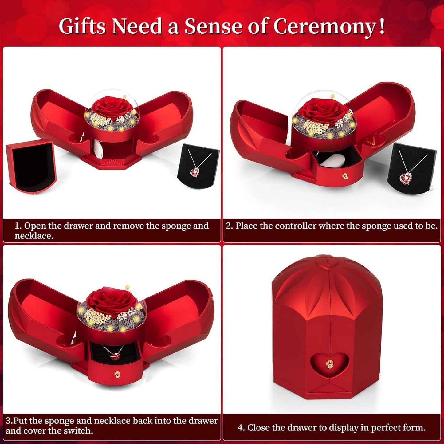 Preserved Real Red Rose with Necklace Forever Flowers Rose Valentines Day Gifts for Her Wife Girlfriend Women Mom Grandma on Valentines Mothers Day Sweetest Day Christmas Anniversary Romantic-Red