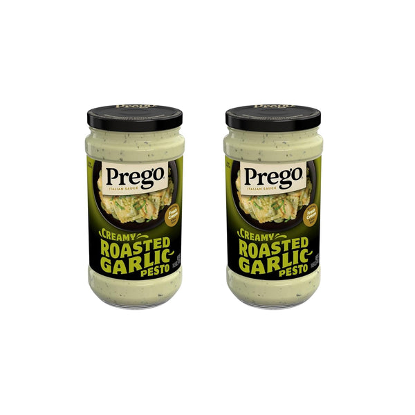 Prego Creamy Roasted Garlic Pesto Pasta Sauce, 14.5 oz Jar, No Added Sugars, Real Basil