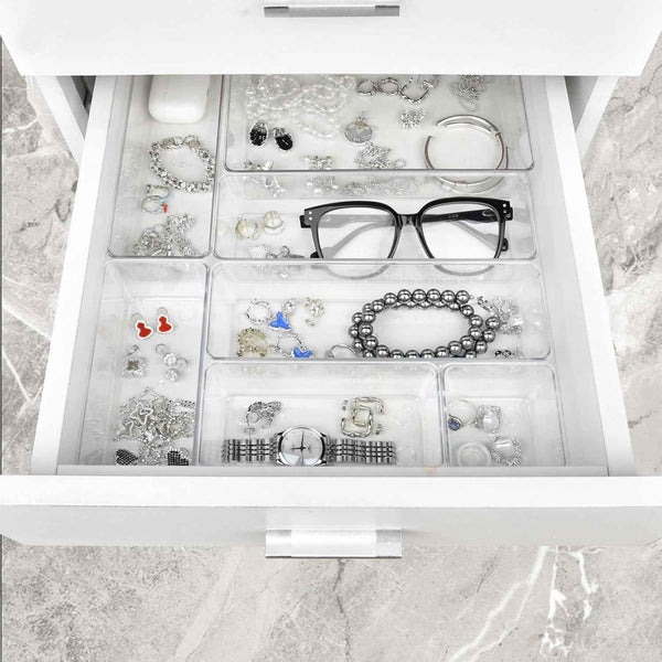 Drawer Organizer Set of 15, 4 Sizes Clear Plastic for Kitchen, Bathroom, Office, Dresser Desk Organizers