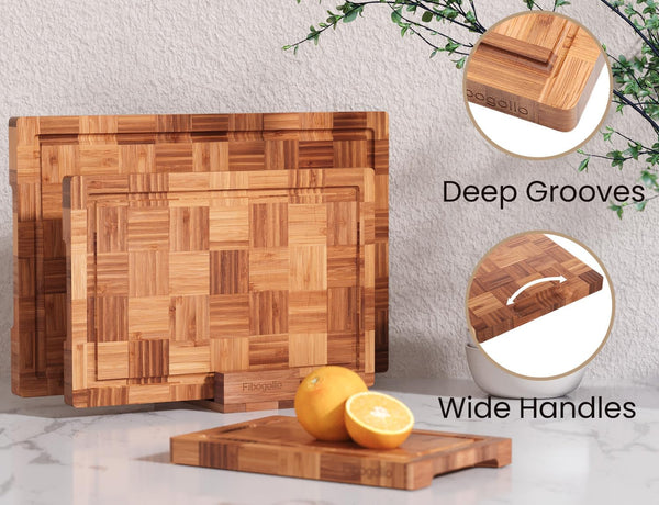 Bamboo cutting boards for kitchen, 3-piece set with juice groove
