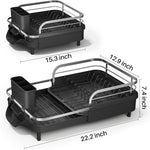 Expandable Dish Rack for Kitchen Counter with Utensil Holder and Raised Guardrail