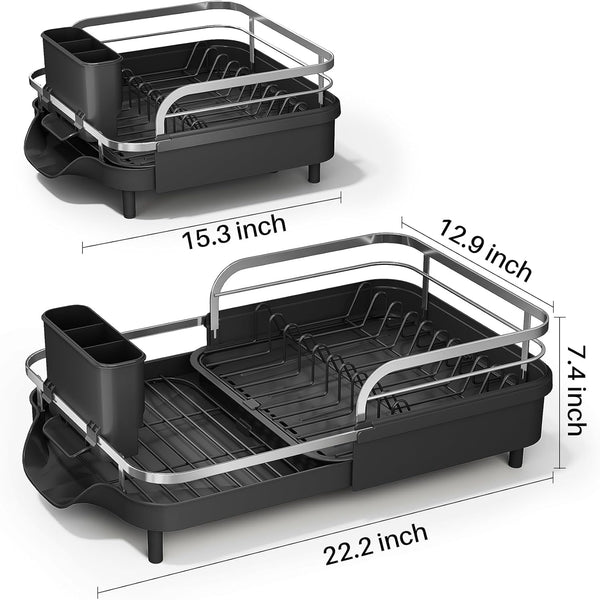 Expandable Dish Rack for Kitchen Counter with Utensil Holder and Raised Guardrail