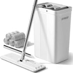 JOYMOOP Mop and Bucket Set with Wringer, Flat Mops for Floor Cleaning, Wall Mop Cleaner with Long Handle, Hardwood Floor Mop with 4 Microfiber Pads