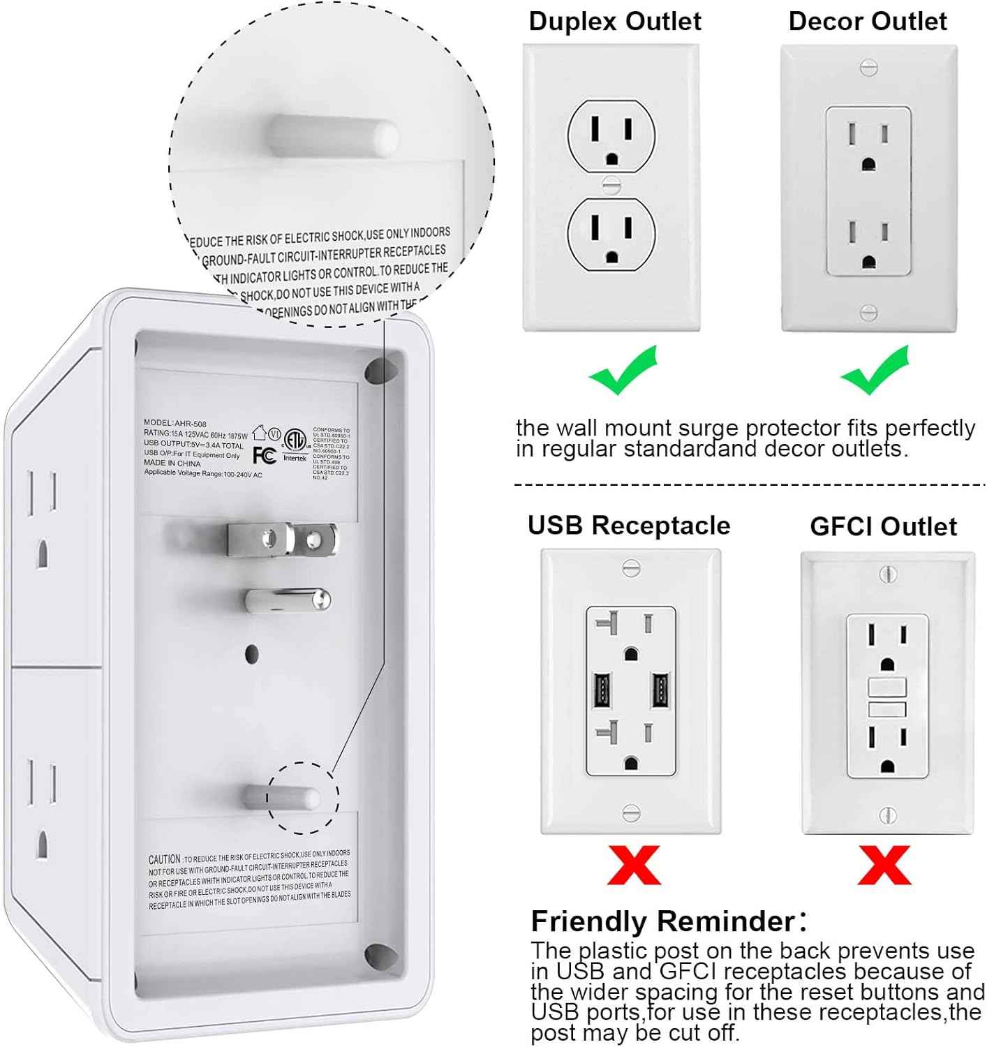 POWRUI Multi Plug 6 Outlet Surge Protector Extender with 3 USB Ports (1 USB C) and Night Light, 3-Sided Power Strip with Adapter Spaced Outlets, ETL Listed, White