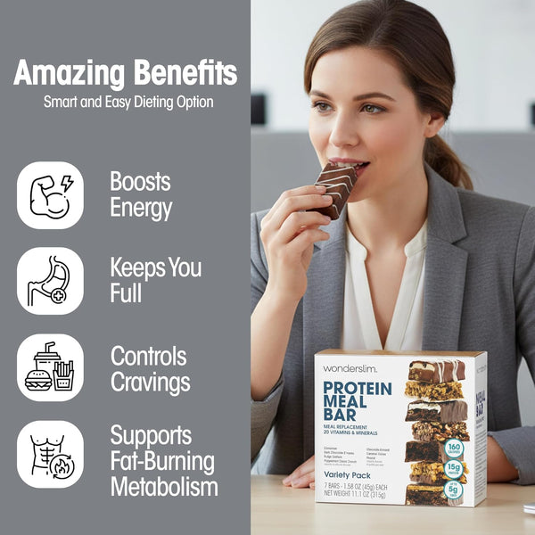 WonderSlim Meal Replacement Protein Bar Variety Pack 15g Protein 20 Vitamins and Minerals