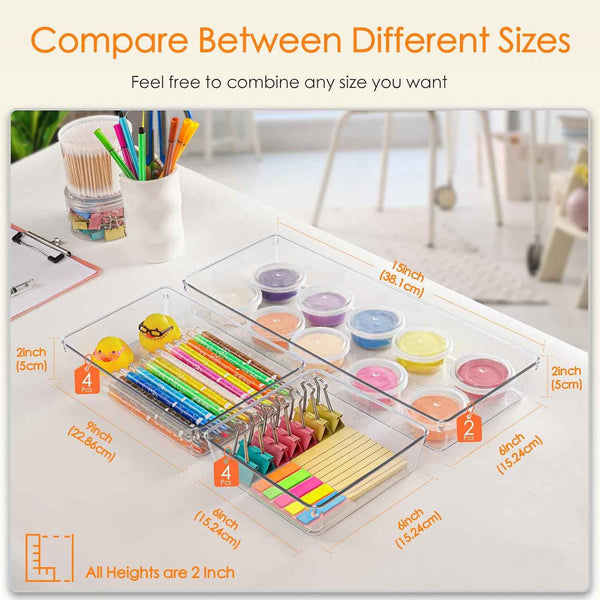 Criusia 10 Pack Large Clear Plastic Drawer Organizer Set 3 Size Versatile Bathroom Vanity Organizer Trays