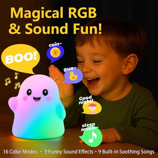 Nextang RGB Ghost Night Light - Soft Squishy Silicone Lamp with Tap Control and Sounds, Dimmable Rechargeable Bedside Lamp for Kids