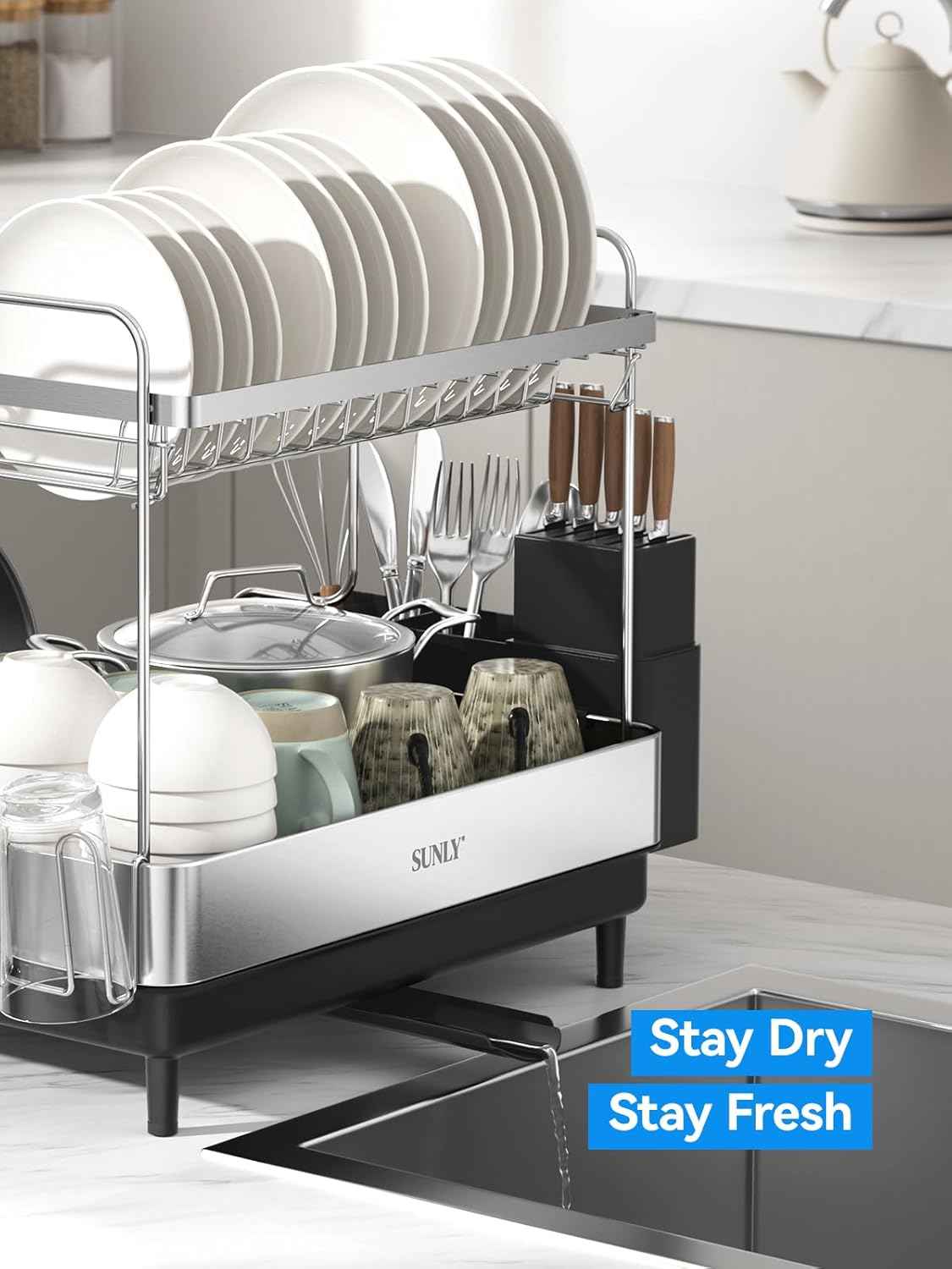 SUNLY 2 Tier Dish Drying Rack, Extra Large Dish Rack, Expandable Dish Racks for Kitchen Counter, Multifunctional Large Dish Drainers for Kitchen Counter, Black