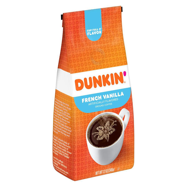 Dunkin' Donuts French Vanilla medium roast coffee, 12 Oz bag, ground, artificially flavored, versatile brewing, at home