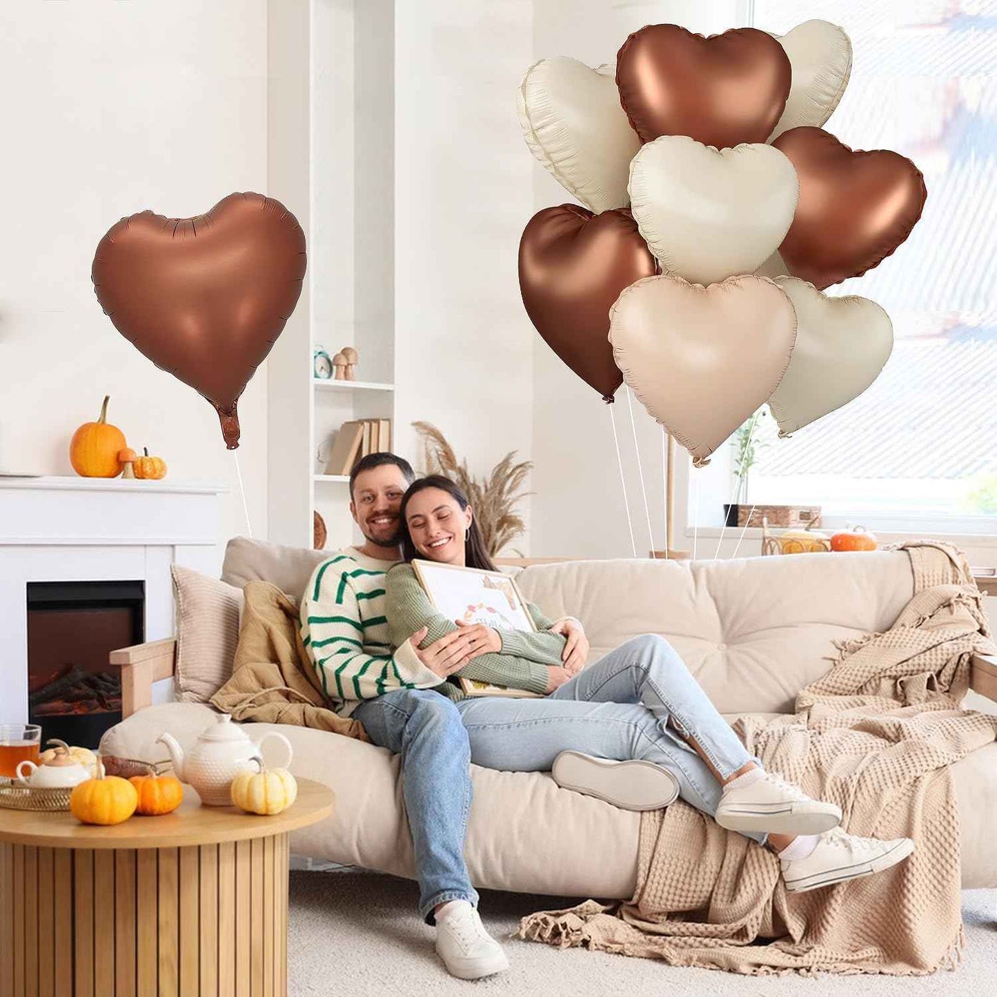 Brown Cream Heart Shape Foil Balloons -15PCS- for Valentine's Day Decorations, 'I Love You' Balloons, Romantic Decorations for Special Night (18inch)