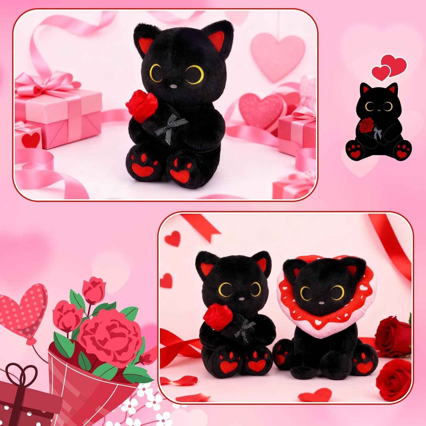 Black Cat Plush Holding Rose, 8 Inch Kawaii Valentines Plushies with Bow & Heart, Cute Plush Toy Soft Valentine's Day Gift for Her, Girlfriend, Wife, Kids