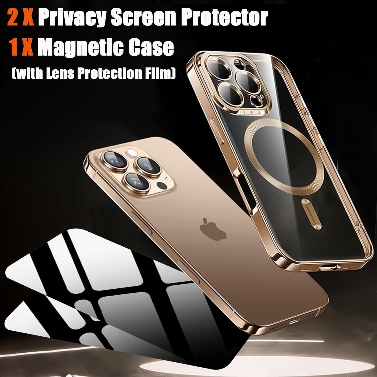 Magnetic Case for iPhone 16 Pro Max with 2 Privacy Screen Protector & Camera Cover [Compatible with MagSafe],Non-Yellowing Plating Glossy Shockproof Phone Case for iPhone 16 ProMax,Gold