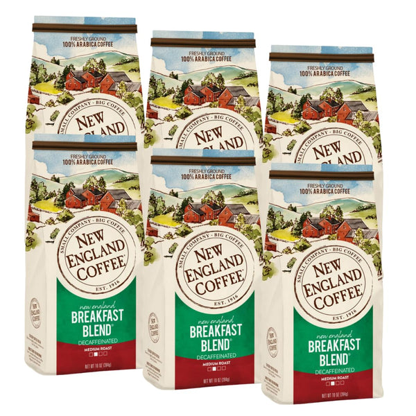 New England Coffee Decaffeinated Breakfast Blend Medium Roast Ground Coffee, 10oz Bag, 100% Arabica, Gluten Free, Kosher, Small Batch Roasted