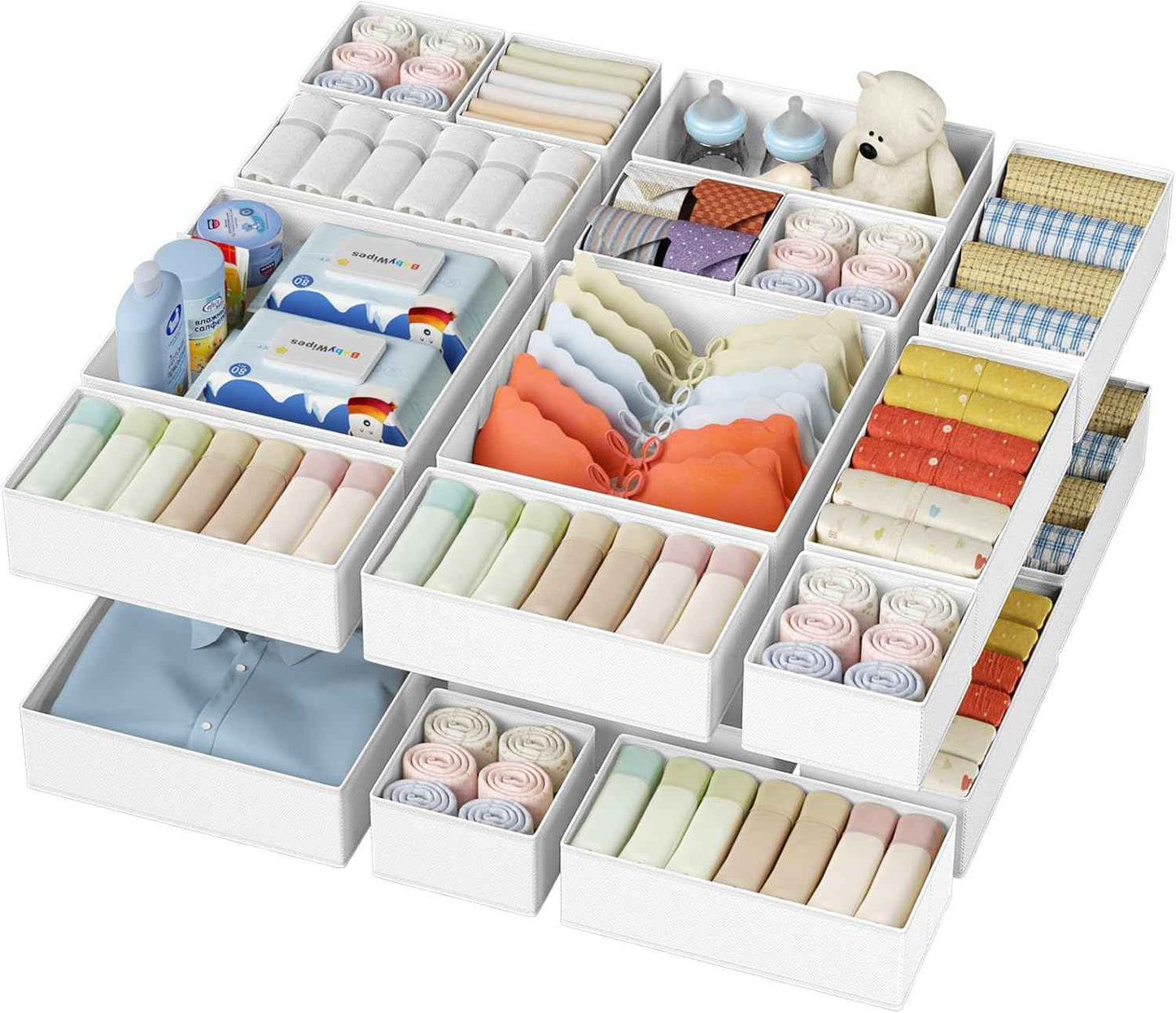 DIMJ Drawer Organizer Clothes, 12 Pack Dresser Organizer, Foldable Closet Organizers and Storage, Fabric Dresser Bins, Drawer Dividers for Nursery, Baby Clothes, Underwears, Sock (Beige)