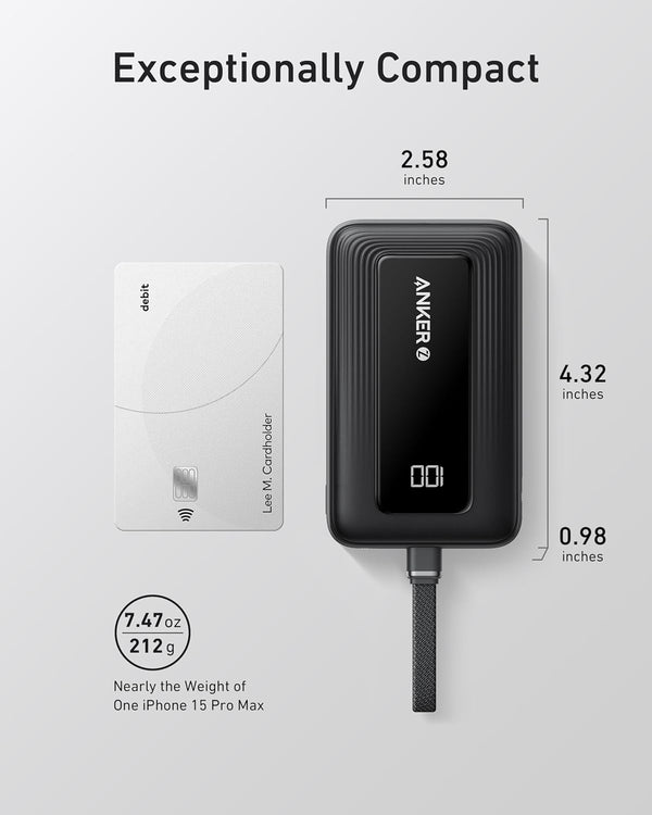 Anker Portable Charger, 10,000mAh 30W Power Bank, USB-C in and Out Fast Charging Battery Pack, Travel Essential Phone Power Bank, for iPhone 17/16, Galaxy and More (Black, 10000.00, Milliamp Hours)