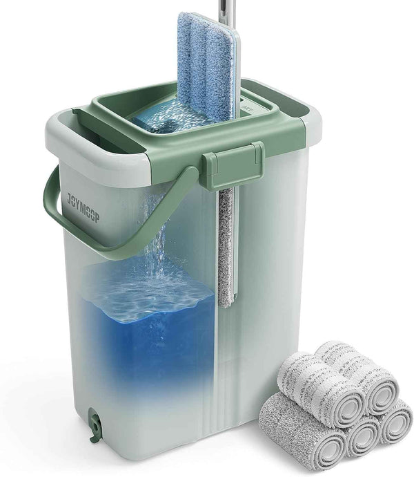 JOYMOOP Mop and Bucket Set with Wringer, Flat Mops for Floor Cleaning, Wall Mop Cleaner with Long Handle, Hardwood Floor Mop with 4 Microfiber Pads