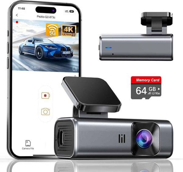 Galphi-Q2 4K dash cam with 5G WiFi, 64GB card, loop recording, and 24-hour parking monitor