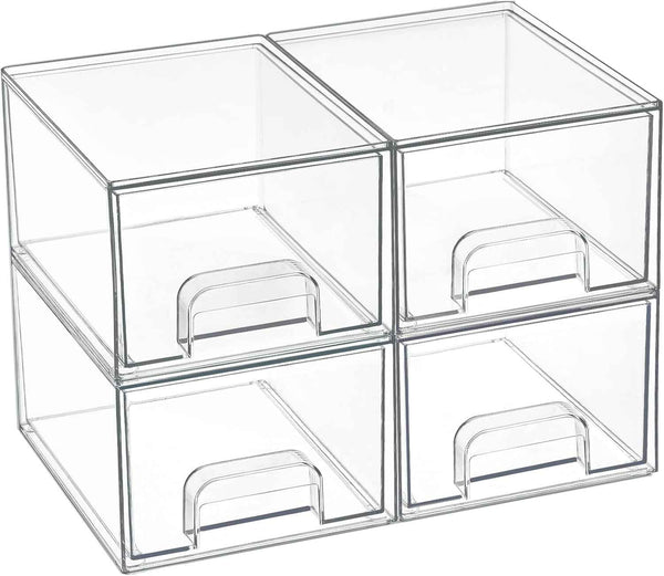 4 Pack Small Clear Stackable Storage Drawers - Acrylic Bathroom Makeup Organizer