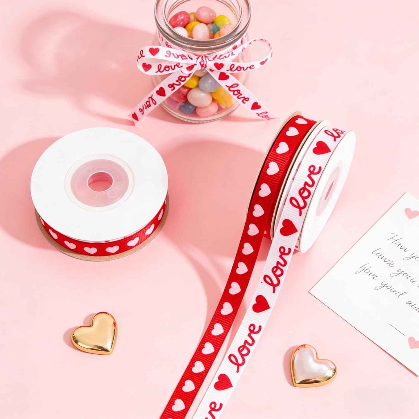 Valentines Day Ribbon, 2 Rolls 3/8 Inch Heart & Love Satin Ribbon for Gift Wrapping Crafts Bouquets Red Pink Total 20 Yard for Valentines Home Decor Wedding DIY Projects
