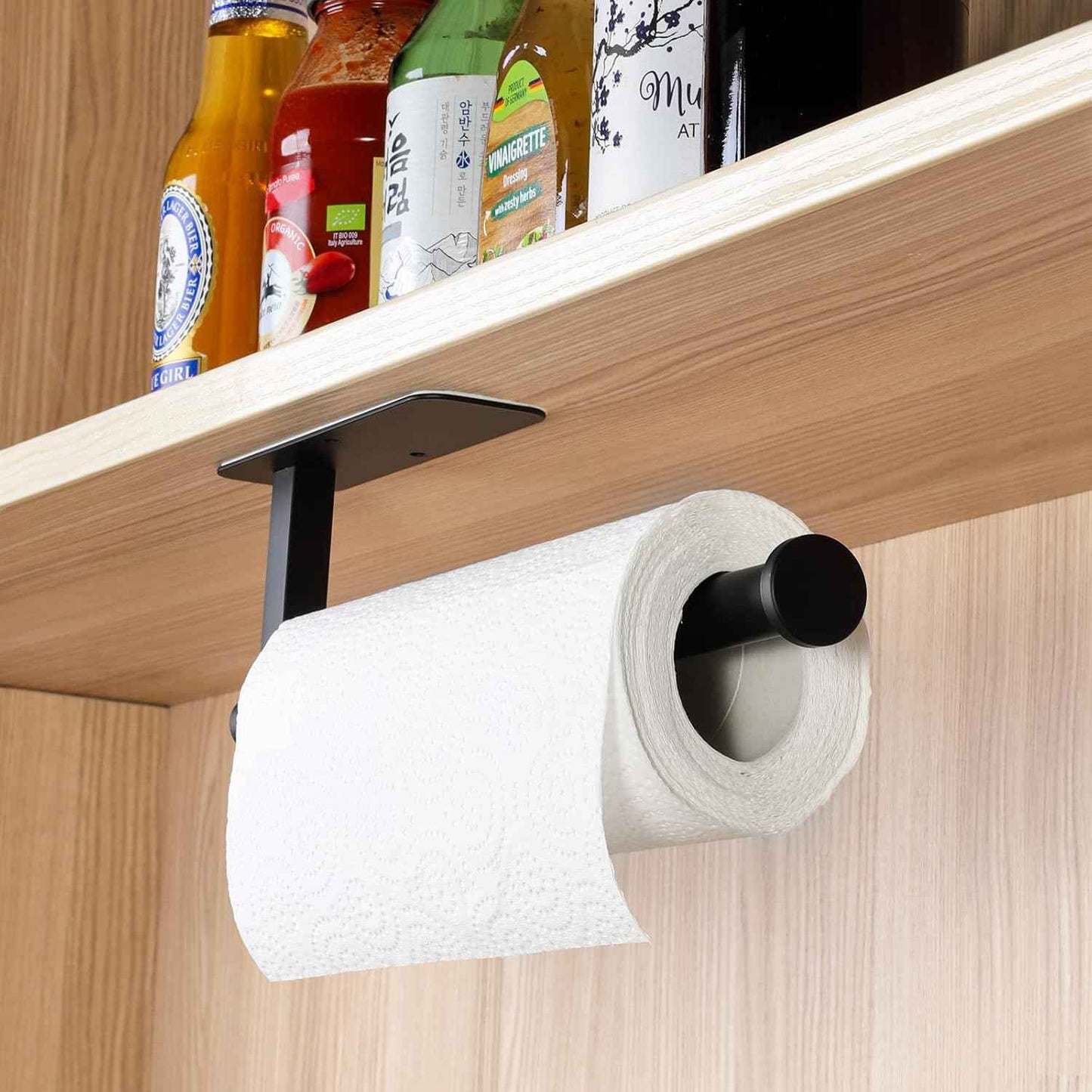 ASTOFLI Paper Towel Holder Under Cabinet No Drilling, Self Adhesive Paper Towel Holder Wall Mount for Kitchen Rack, Under Counter Napin Holder No Drill, RV, 304 Stainless Steel 12 Inch Matte Black