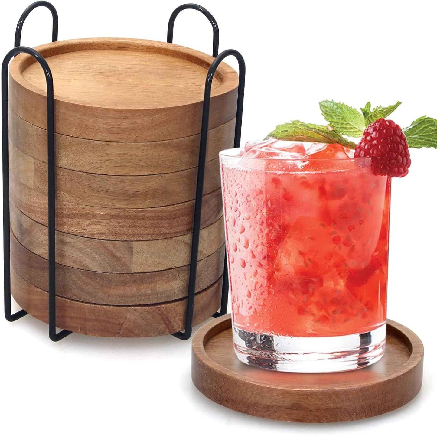 6 Pcs Best Wooden Coasters with Holder Coffee Table Decor Acacia Wood Coaster Set Modern Cup Coaster for Drink Home Dining Table Kitchen Accessories Cute Beer Bar Decorative Rustic Outdoor Coasters